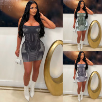 Printed backless short skirt with buttocks and suspender dress