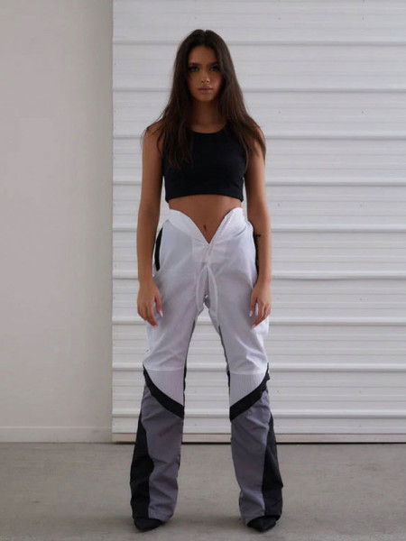 Women's Contrast High Waist V-shaped Zipper Pocket Straight Sleeve Personalized Street Woven Casual Pants