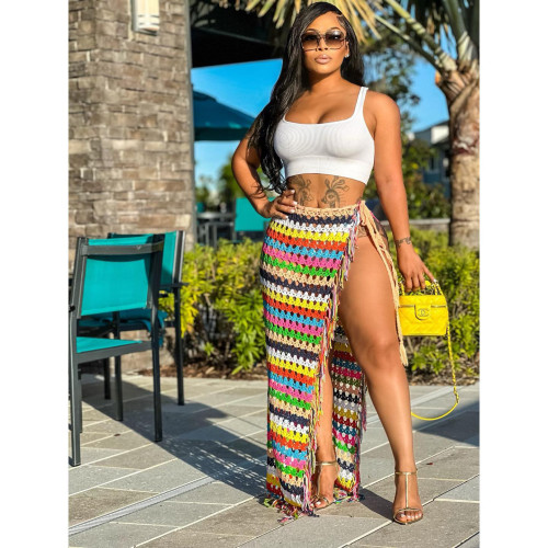 Sexy handmade crocheted tassel tie casual beach skirt half length skirt