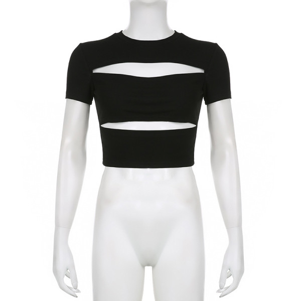 Solid color personalized hollowed out slim fitting sports dance exposed navel short sleeved T-shirt top