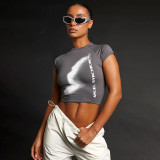 Women's Featured Printed Short Open Button Short Sleeve Basic Pullover American Street Fashion T-shirt