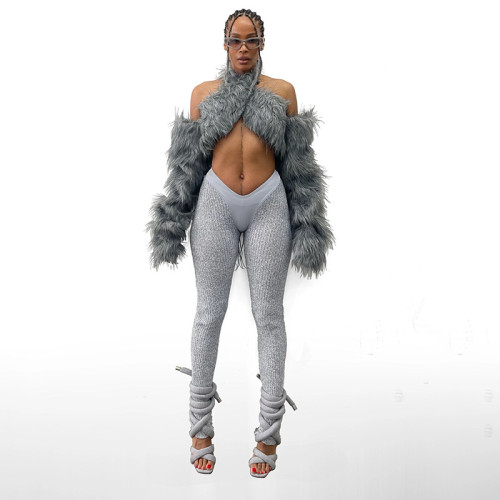 Solid Knitted High Elastic V-shaped Waist Panel High Waist Tight Sports Feet Pants
