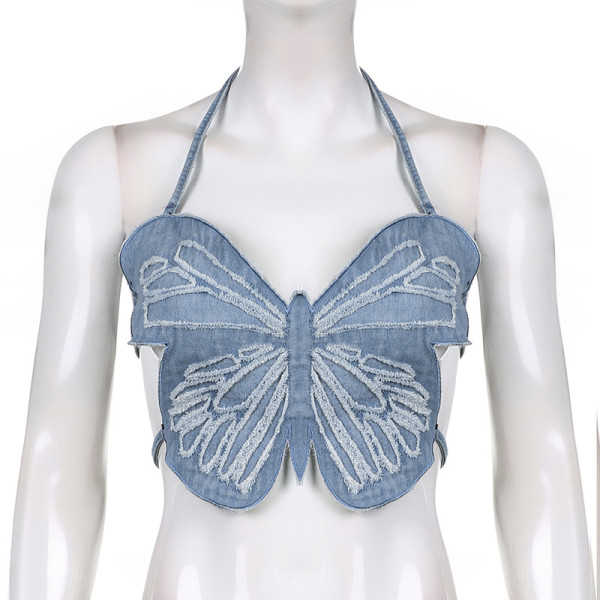 Butterfly Design Denim Tank Top Open Back Lace Up Top