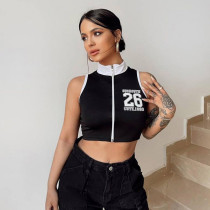 Half High Collar Sleeveless Zipper Cardigan Letter Printed Short Open Navel Street Personalized Sports Tank Top