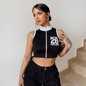 Half High Collar Sleeveless Zipper Cardigan Letter Printed Short Open Navel Street Personalized Sports Tank Top