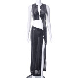 Solid Sexy Mesh Perspective Umbilical Button Slim Fit Long Dress