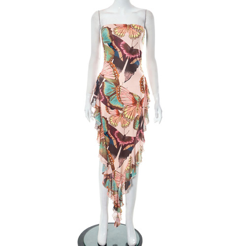 Leisure butterfly printed sleeveless bra with wooden ear edge slim fitting dress