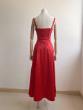 Women's fishbone lace up slim fitting split floral skirt with hollowed out backless suspender dress