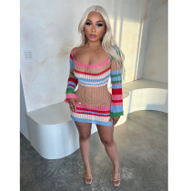 Long sleeved knitted striped sexy contrast cut out short skirt dress