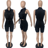 Shirt Sleeveless Shorts 3D Pocket Solid Two Piece Set