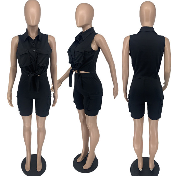 Shirt Sleeveless Shorts 3D Pocket Solid Two Piece Set