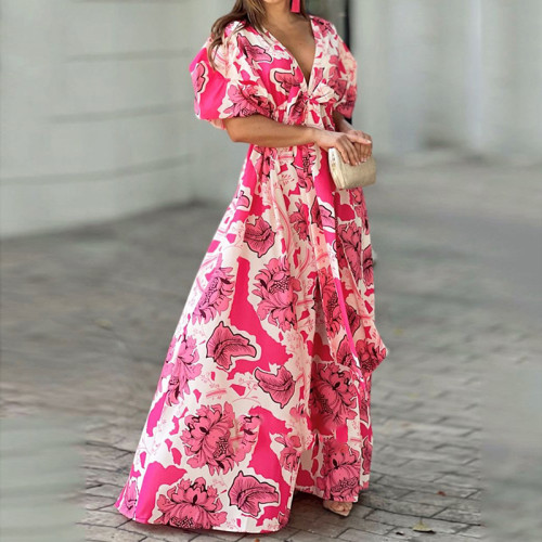 Oversized women's plant printed ultra-low V-neck fluffy bubble sleeved large skirt hem dress