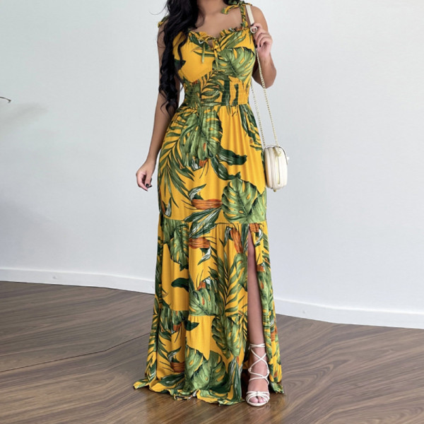 Casual printed strap slit ruffled dress