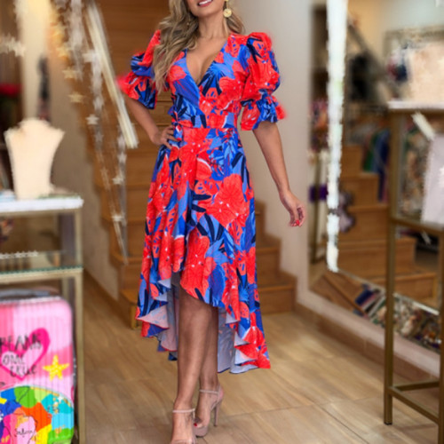 Elegant printed floral irregular waist dress