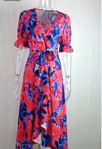 Elegant printed floral irregular waist dress