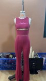 Slim fitting graphic and text printed hollowed out bell bottoms fashion women's set