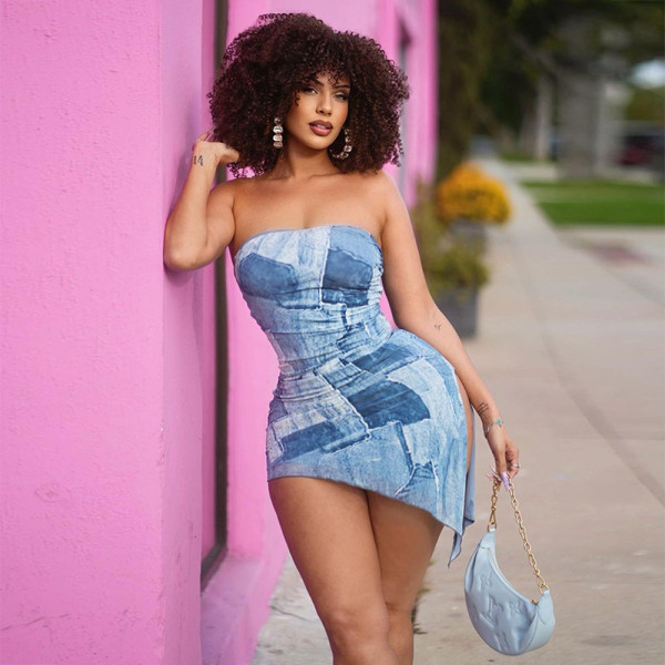 Denim printed off shoulder drawstring pleated tie wrap buttocks dress