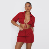 Workwear solid color short sleeved short skirt shirt two-piece set