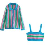 Women's Fashion Stripe Knitted Coat+Two Piece Hanging Straps