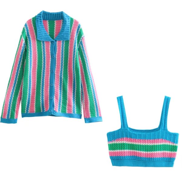 Women's Fashion Stripe Knitted Coat+Two Piece Hanging Straps