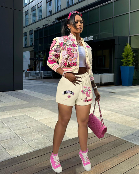 Fashion printed baseball jacket shorts set