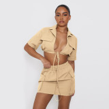 Workwear solid color short sleeved short skirt shirt two-piece set