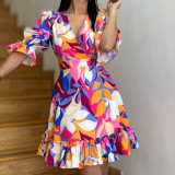 Temperament Commuting V-neck Printed Ruffle Dress