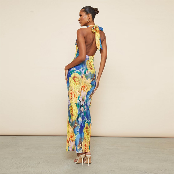Casual printed sleeveless slim fitting backless mesh hanging neck long dress