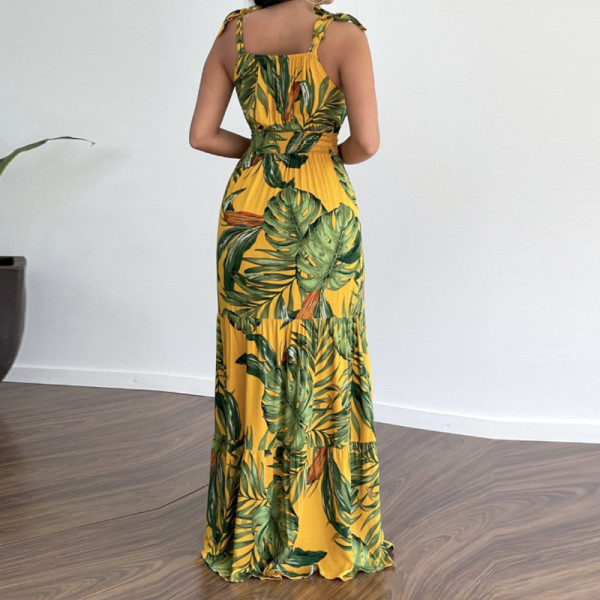 Casual printed strap slit ruffled dress