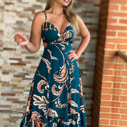 Temperament floral print sexy hollow out lotus leaf skirt with suspender dress