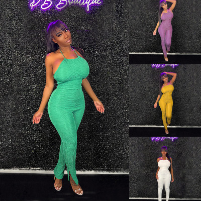 Fashionable and Sexy Open Back Wrapped Chest Strap Tight Waist Wrapped Hip Split Jumpsuit