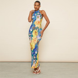 Casual printed sleeveless slim fitting backless mesh hanging neck long dress