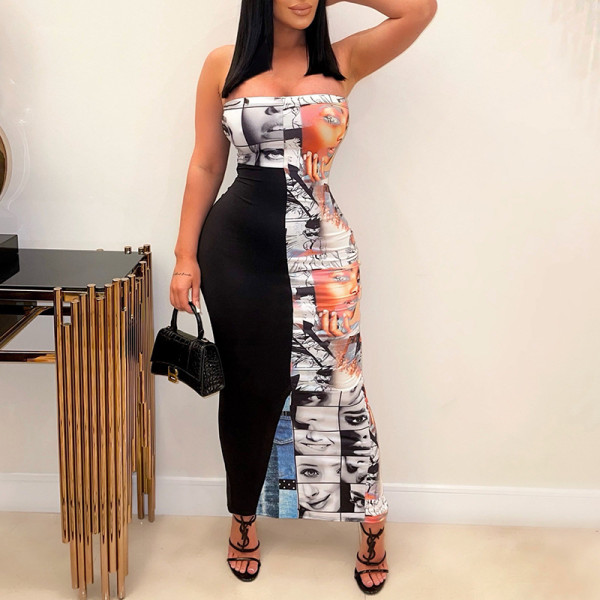 Multi color printed dress with a chest cut and a straight line skirt stitching