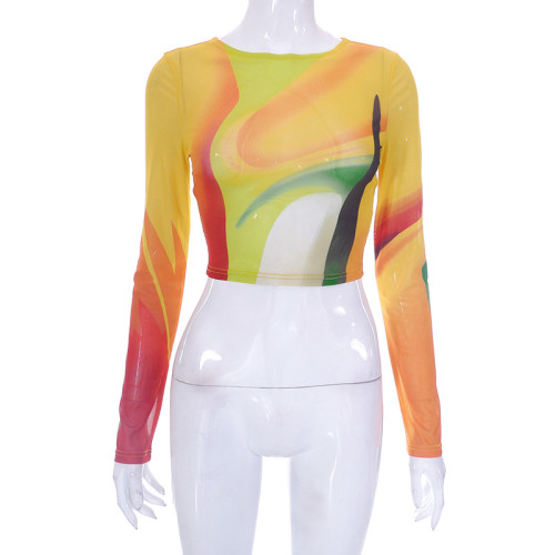 Sexy Mesh Printed Round Neck Open Navel Long Sleeve Slim Fit T-shirt Top