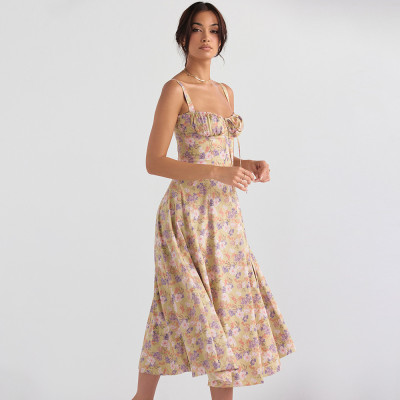 Women's fishbone lace up slim fitting split floral skirt with hollowed out backless suspender dress