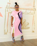 Positioning printed contrasting round neck irregular long skirt