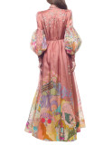 Loose and slim long sleeved silk pleated long skirt with pleated large hem dress