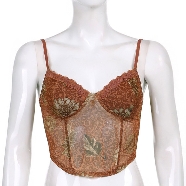 Fashion mesh print slimming sexy open back strap vest