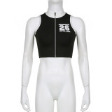 Half High Collar Sleeveless Zipper Cardigan Letter Printed Short Open Navel Street Personalized Sports Tank Top