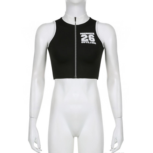Half High Collar Sleeveless Zipper Cardigan Letter Printed Short Open Navel Street Personalized Sports Tank Top