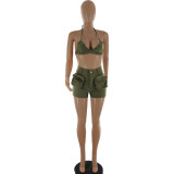 Bust wrap pocket work shorts sexy two-piece set
