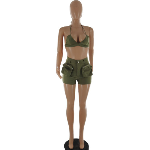Bust wrap pocket work shorts sexy two-piece set