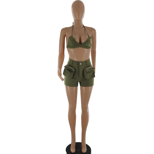 Bust wrap pocket work shorts sexy two-piece set