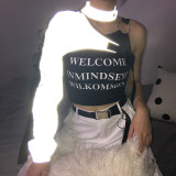 Asymmetric One Shoulder Long Sleeve Bookbag Button Reflective Panel Top Cover
