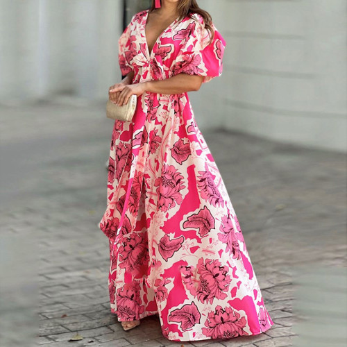 Oversized women's plant printed ultra-low V-neck fluffy bubble sleeved large skirt hem dress