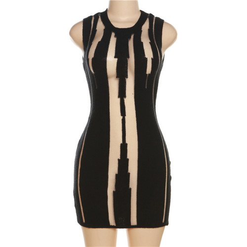 Sexy hollowed out mesh patchwork knit buttocks slimming dress