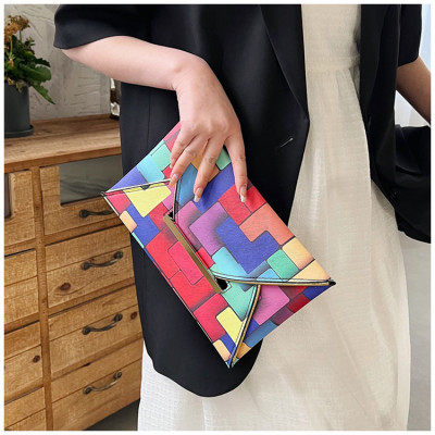 Fashionable plaid contrasting color small square bag with hand held envelope bag