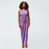 Fashion Stripe Print Sleeveless Open Back Spicy Girl Slim Fit Slim Dress