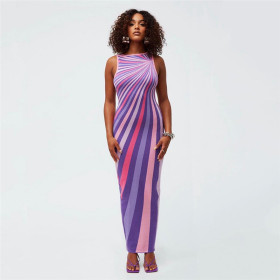 Fashion Stripe Print Sleeveless Open Back Spicy Girl Slim Fit Slim Dress