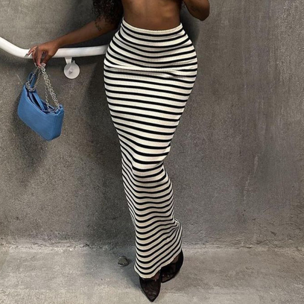 High waisted black and white striped straight skirt, versatile casual long skirt